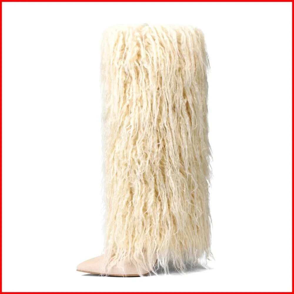 Knee High Faux Fur Boots Wide Calf Stiletto Heel Pointed Toe Winter